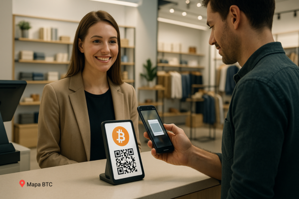 Hombre pagan con bitcoin en tienda de ropa